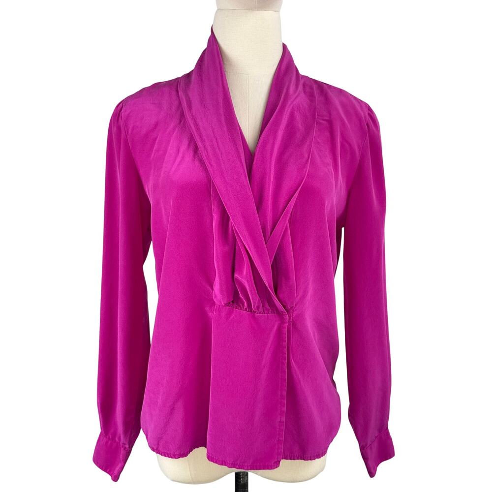 Vintage 80s Nordstrom Town Square 100% Silk Fuchsia Blouse Size 8 Shoulder Pads